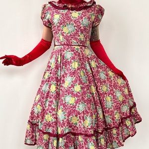 Vintage 30s early 40s Handmade Red & Green Modernist Rose Print Ruffled Dress
